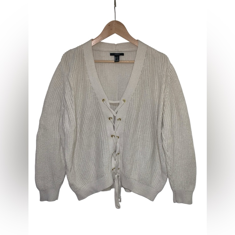 Forever 21 Lace Up V-Neck Sweater Chunky Knit Pullover Sweater Ivory color Sz S